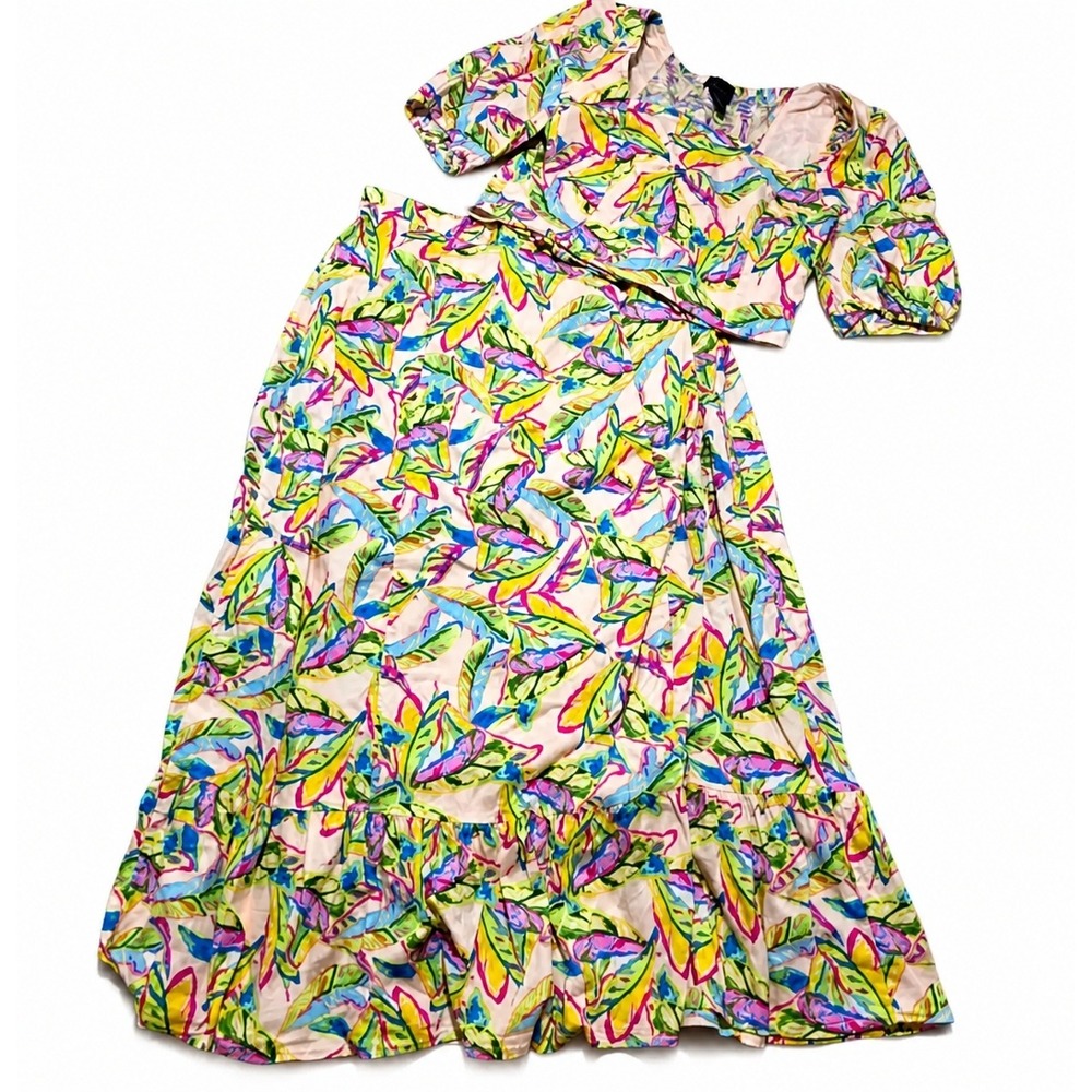Rachel Roy Women Large‎ Multicolor Tropical 2 Pc Maxi Skirt Puff Sleeve Smocked